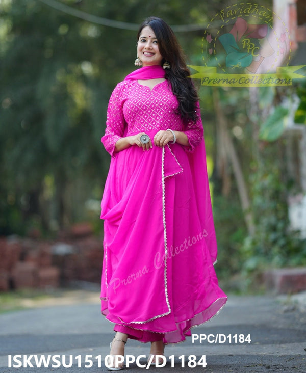 Embroidered Georgette Anarkali Kurti With Pant And Dupatta-ISKWSU1510PPC/D1184