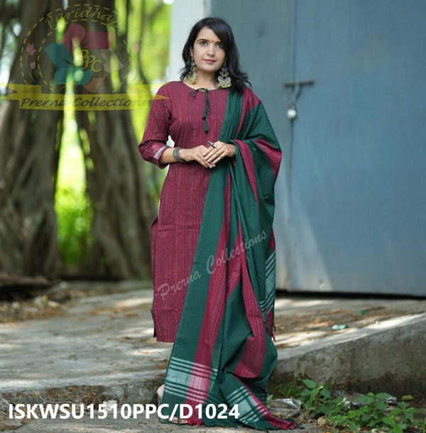 Handloom Weaved Cotton Kurti With Pant And Dupatta-ISKWSU1510PPC/D1024