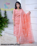 Hand Block Printed Kota Doriya Kurti With Cotton Pant And Dupatta-ISKWSU1610PPC/D1697