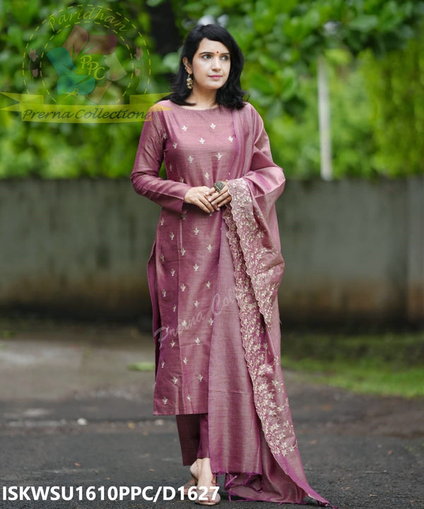 Embroidered Cotton Silk Kurti With Pant And Dupatta-ISKWSU1610PPC/D1627