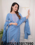 Embroidered Cotton Schiffli Kurti With Pant And Dupatta-ISKWSU161017990