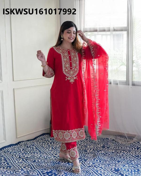 Embroidered Silk Kurti With Pant And Dupatta-ISKWSU161017992