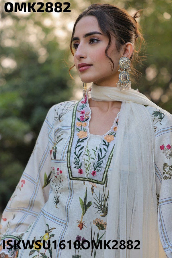 Floral Printed Cotton Kurti With Palazzo And Net Dupatta-ISKWSU1610OMK2882