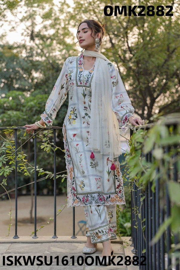 Floral Printed Cotton Kurti With Palazzo And Net Dupatta-ISKWSU1610OMK2882