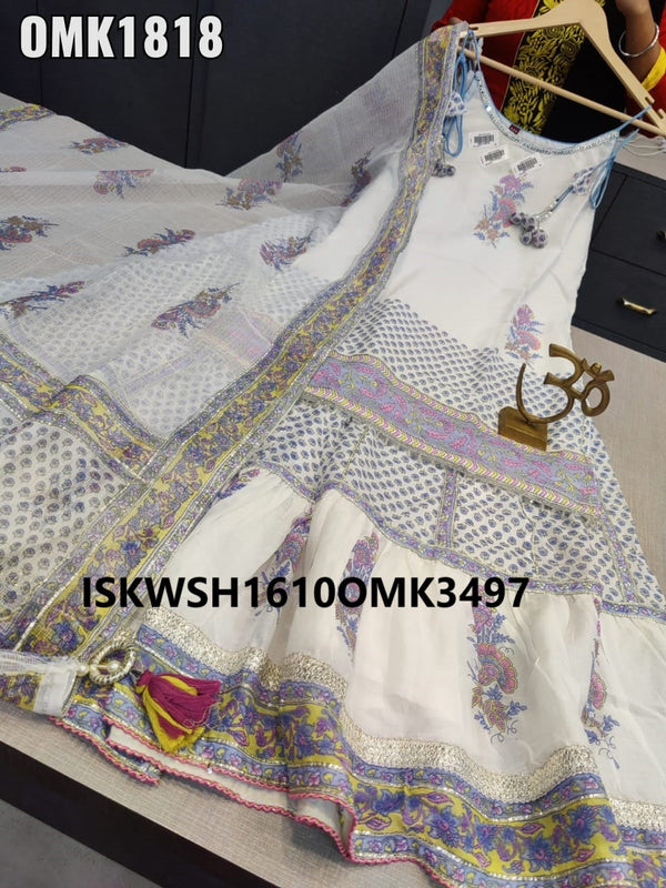 Floral Block Printed Malmal Cotton Kurti With Sharara And Malmal Kota Dupatta-ISKWSH1610OMK1818