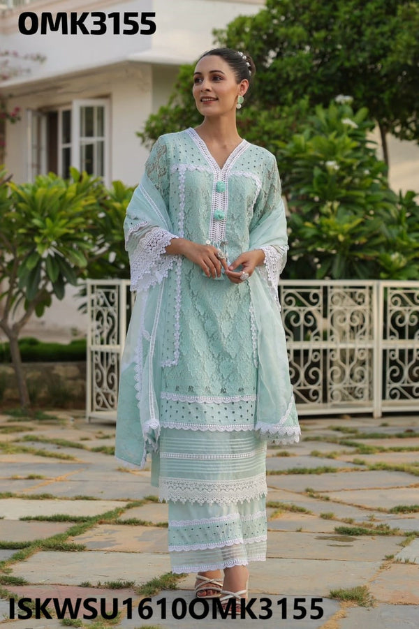 Embroidered Net Schiffli Kurti With Pant And Dupatta-ISKWSU1610OMK3155