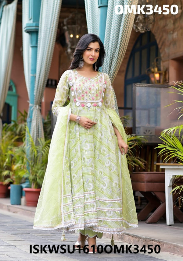 Embroidred Malmal Anarkali Kurti With Pant And Organza Dupatta-ISKWSU1610OMK3450