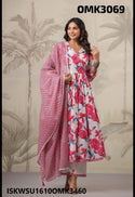 Digital Floral Printed Cotton Anarkali Kurti With Pant And Kota Doriya Dupatta-ISKWSU1610OMK3069