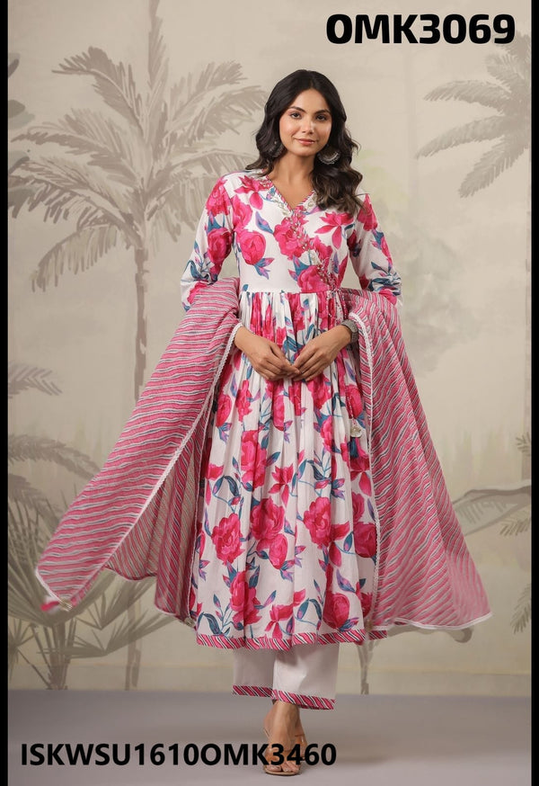 Digital Floral Printed Cotton Anarkali Kurti With Pant And Kota Doriya Dupatta-ISKWSU1610OMK3069