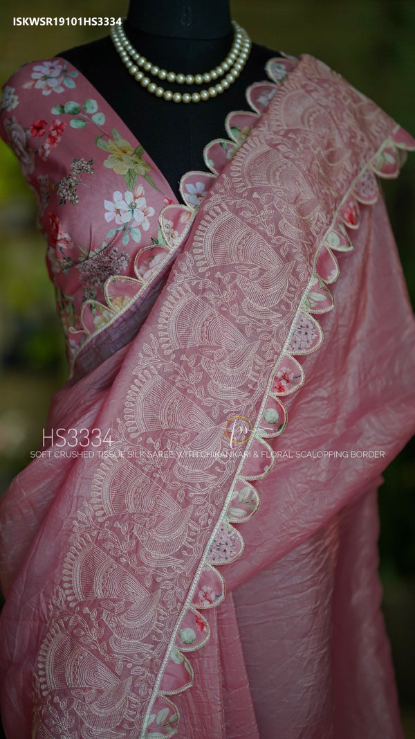 Embroidered Crushed Tissue Silk Saree With Floral Blouse-ISKWSR19101HS3334