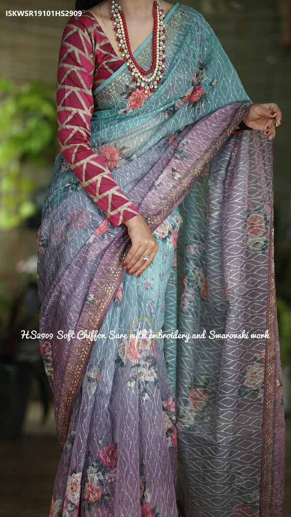 Embroidered Ombre Silk Saree With Printed Blouse-ISKWSR19101HS2909