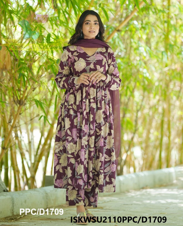 Kalamkari Printed Cotton Anarkali Kurti With Pant And Kota Doriya Dupatta-ISKWSU2110PPC/D1709