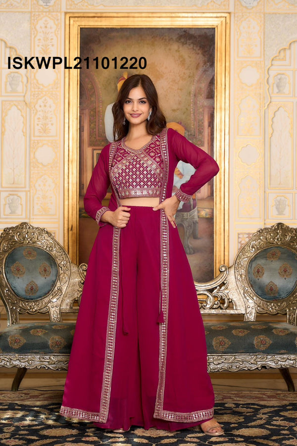 Embroidered Georgette Palazzo With Top And Shrug-ISKWPL21101220