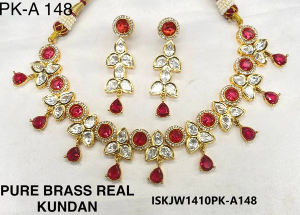 Pure Brass Real Kundan Jewelry Set-ISKJW1410PK-A148