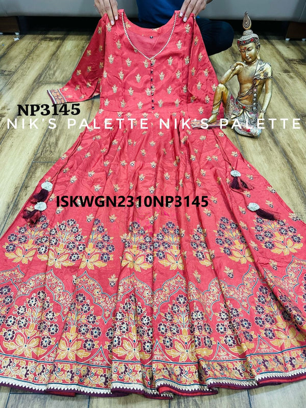 Hand Block Printed Art Silk Gown With Kalamkari Printed Dupatta-ISKWGN2310NP3145