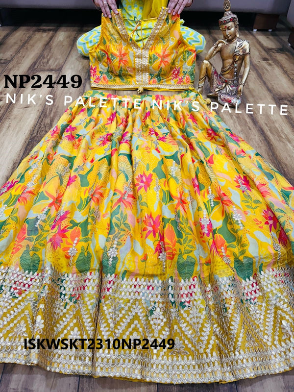 Digital Printed Organza Silk Skirt With Crop Top And Dupatta-ISKWSKT2310NP2449