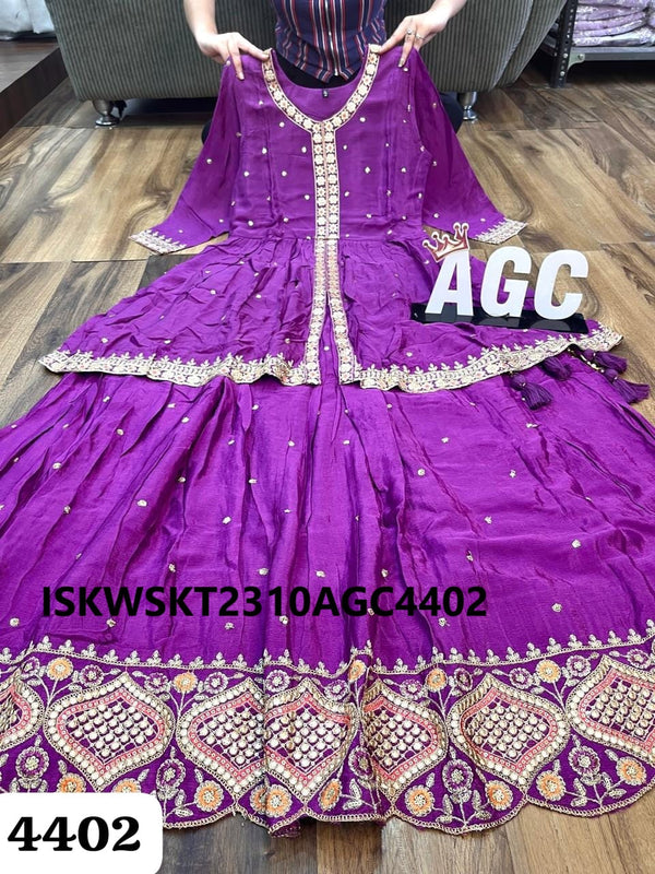 Embroidered Maslin Silk Kurti With Skirt And Chiffon Dupatta-ISKWSKT2310AGC4402