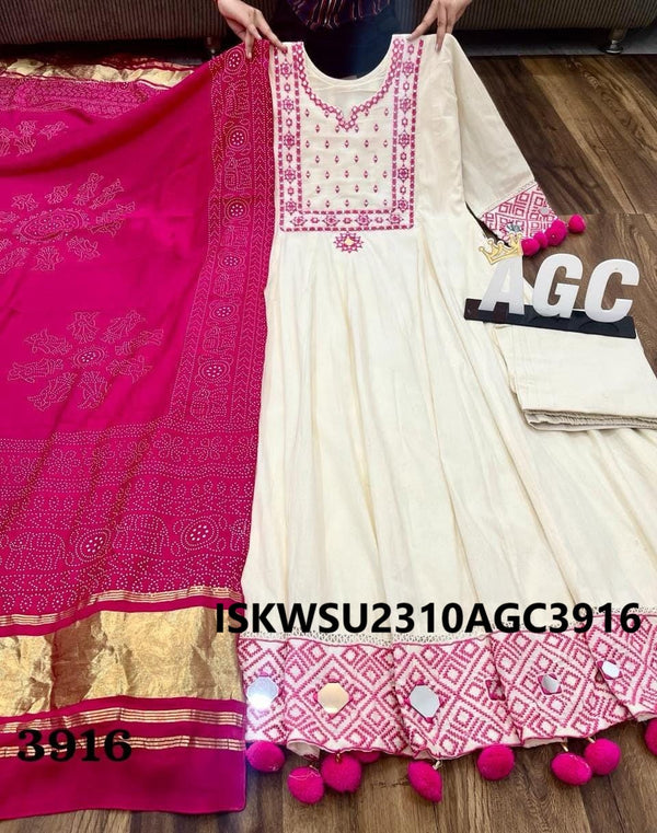 Embroidered Malmal Cotton Anarkali Kurti With Pant And Bandhani Printed Dupatta-ISKWSU2310AGC3916