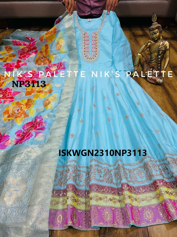 Embroidered Modal Chanderi Silk Gown With Digital Printed Banarasi Silk Dupatta-ISKWGN2310NP3113