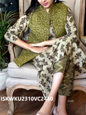 Hand Block Printed Cotton Kurti With Pant And Quilted Jacket-ISKWKU2310VC2440