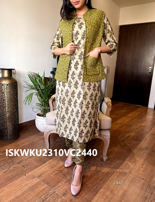 Hand Block Printed Cotton Kurti With Pant And Quilted Jacket-ISKWKU2310VC2440