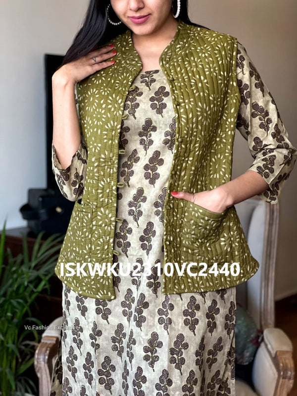 Hand Block Printed Cotton Kurti With Pant And Quilted Jacket-ISKWKU2310VC2440