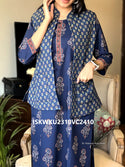 Hand Block Printed Cotton Kurti With Pant And Quilted Jacket-ISKWKU2310VC2410