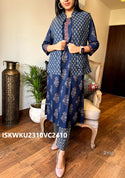 Hand Block Printed Cotton Kurti With Pant And Quilted Jacket-ISKWKU2310VC2410