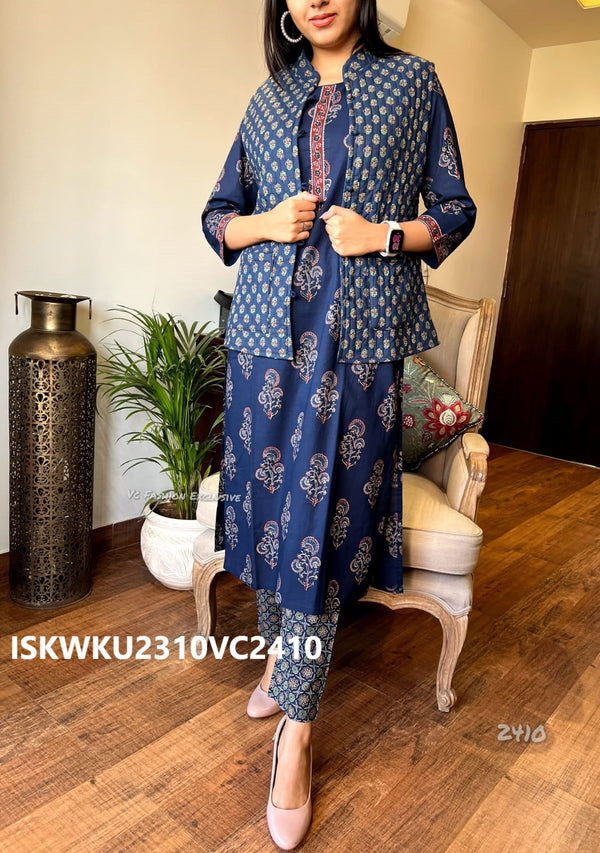 Hand Block Printed Cotton Kurti With Pant And Quilted Jacket-ISKWKU2310VC2410