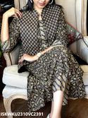 Hand Block Printed Cotton Kurti With Pant And Quilted Jacket-ISKWKU2310VC2391