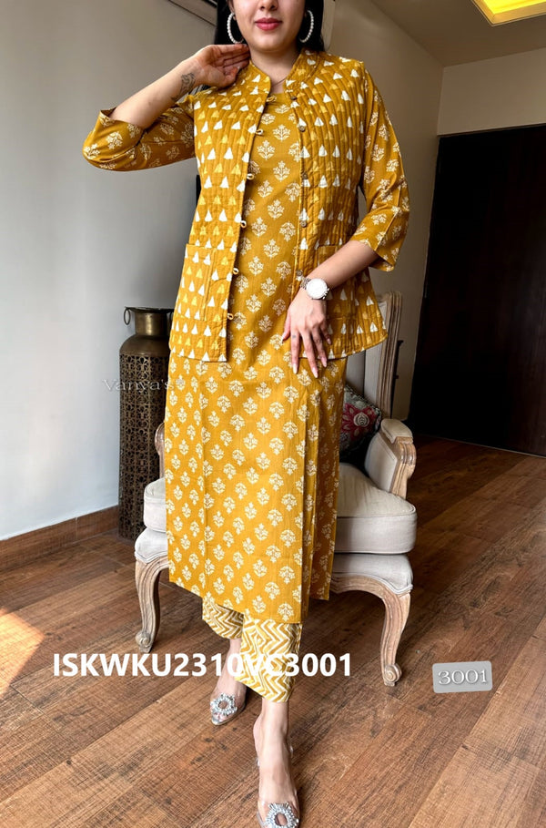 Hand Block Printed Cotton Kurti With Pant And Quilted Jacket-ISKWKU2310VC3001