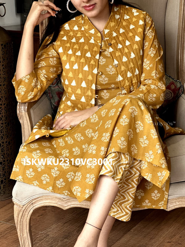 Hand Block Printed Cotton Kurti With Pant And Quilted Jacket-ISKWKU2310VC3001