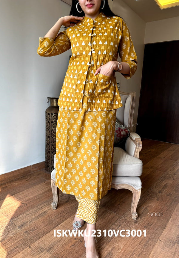 Hand Block Printed Cotton Kurti With Pant And Quilted Jacket-ISKWKU2310VC3001