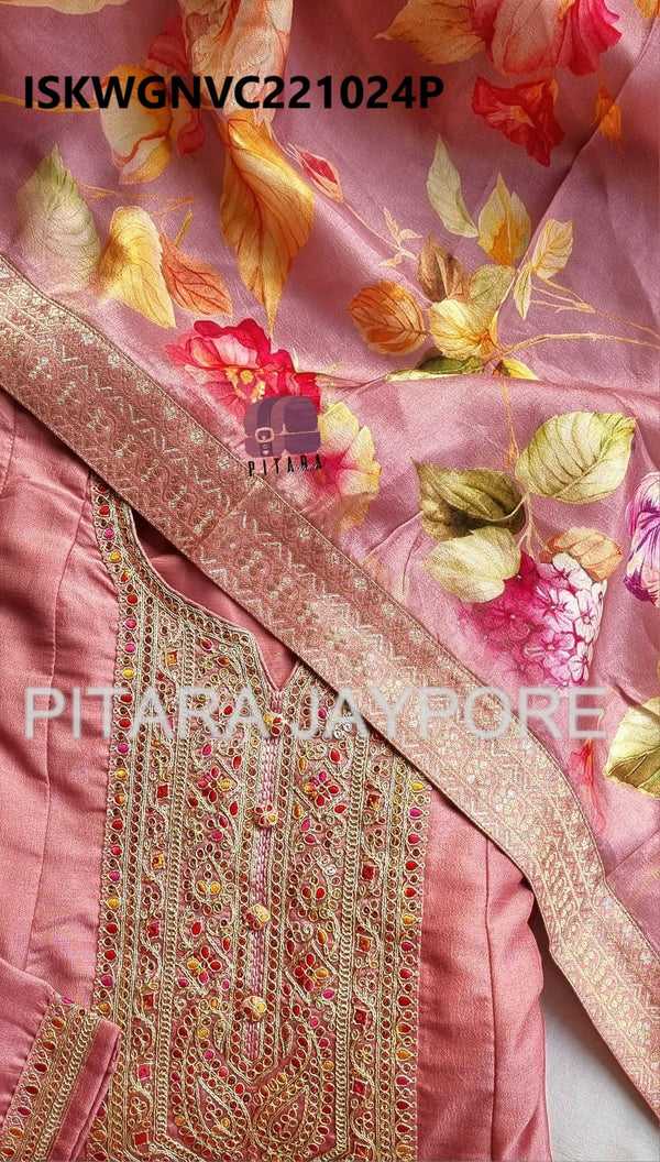 Embroidered Tissue Silk Gown With Floral Printed Silk Dupatta-ISKWGNVC221024P