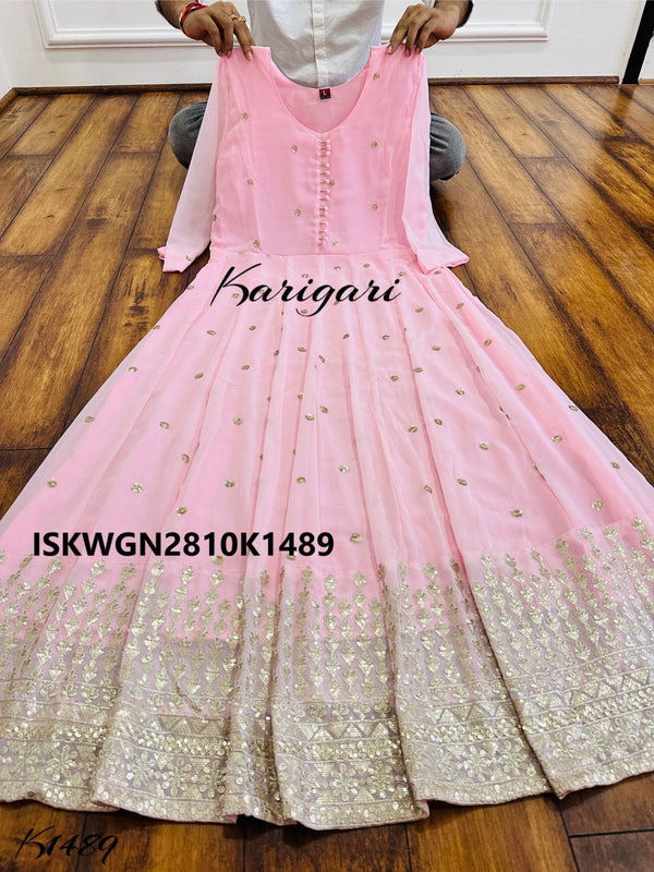 Embroidered Georgette Gown With Banarasi Silk Dupatta-ISKWGN2810K1489