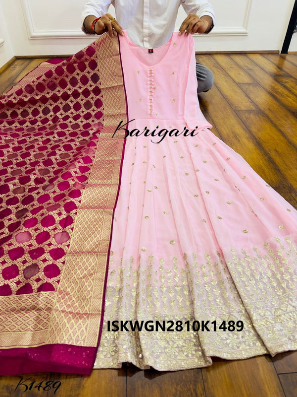 Embroidered Georgette Gown With Banarasi Silk Dupatta-ISKWGN2810K1489