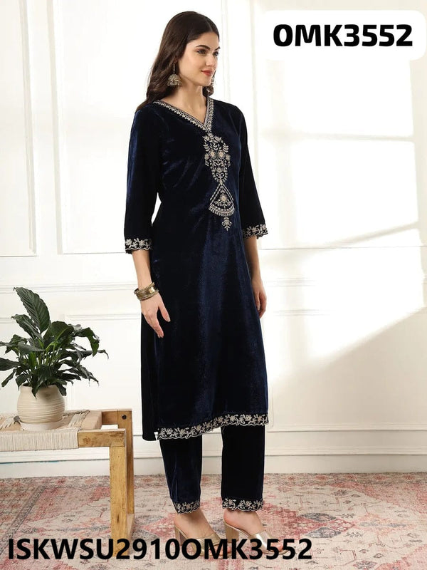 Embroidered Velvet Kurti With Pant And Dupatta-ISKWSU2910OMK3552