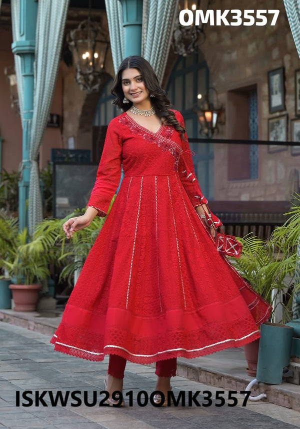 Embroidered Cotton Schiffli Anarkali Kurti With Pant And Dupatta-ISKWSU2910OMK3557