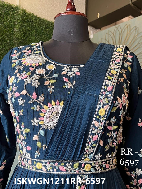 Embroidered Chinon Gown Attached With Drape Dupatta-ISKWGN1211RR-6597