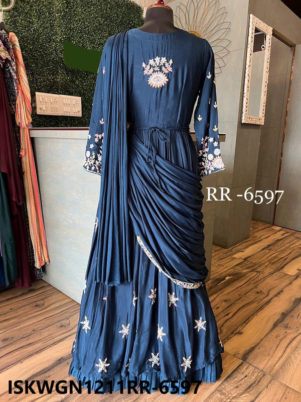 Embroidered Chinon Gown Attached With Drape Dupatta-ISKWGN1211RR-6597