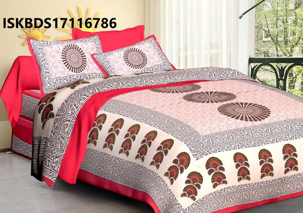 Jaipuri Printed Double Bed-Sheet With 2 Flap Pillow Cover Set-ISKBDS17116786