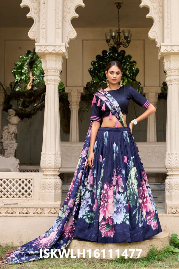 Floral Printed Tussar Silk Lehenga With Blouse And Dupatta-ISKWLH16111477