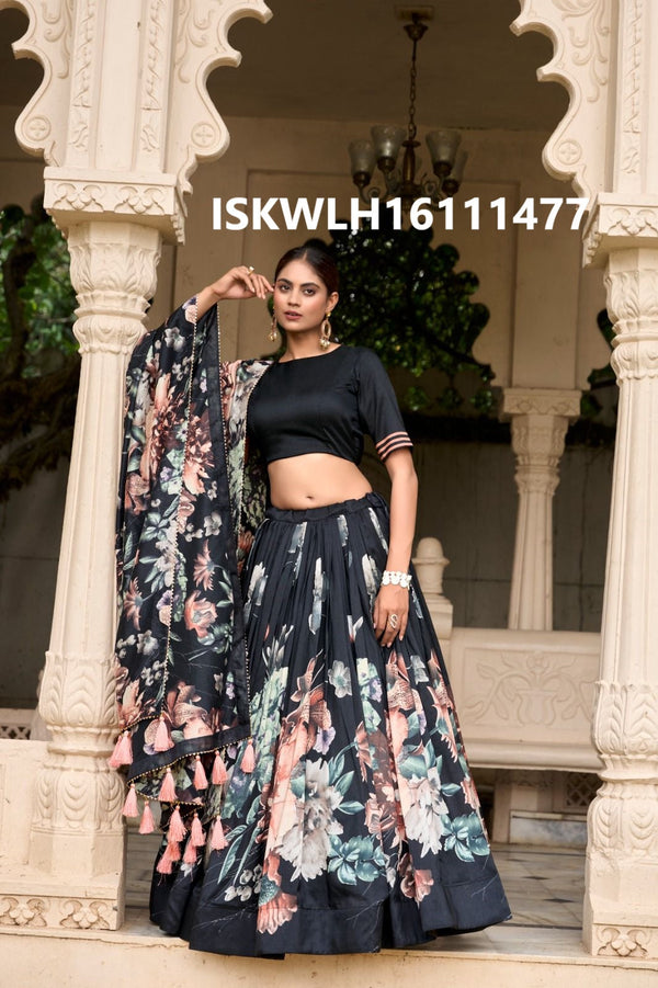 Floral Printed Tussar Silk Lehenga With Blouse And Dupatta-ISKWLH16111477