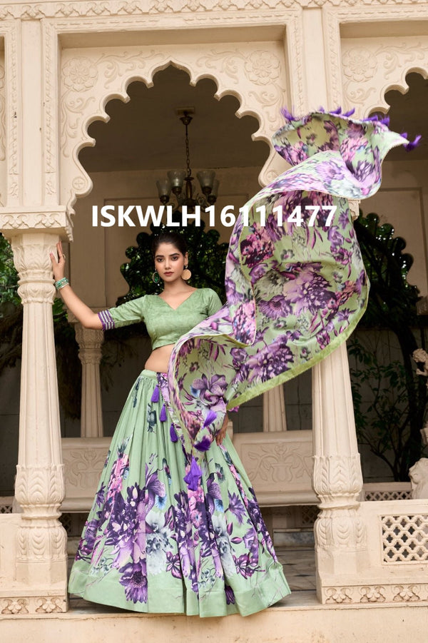 Floral Printed Tussar Silk Lehenga With Blouse And Dupatta-ISKWLH16111477