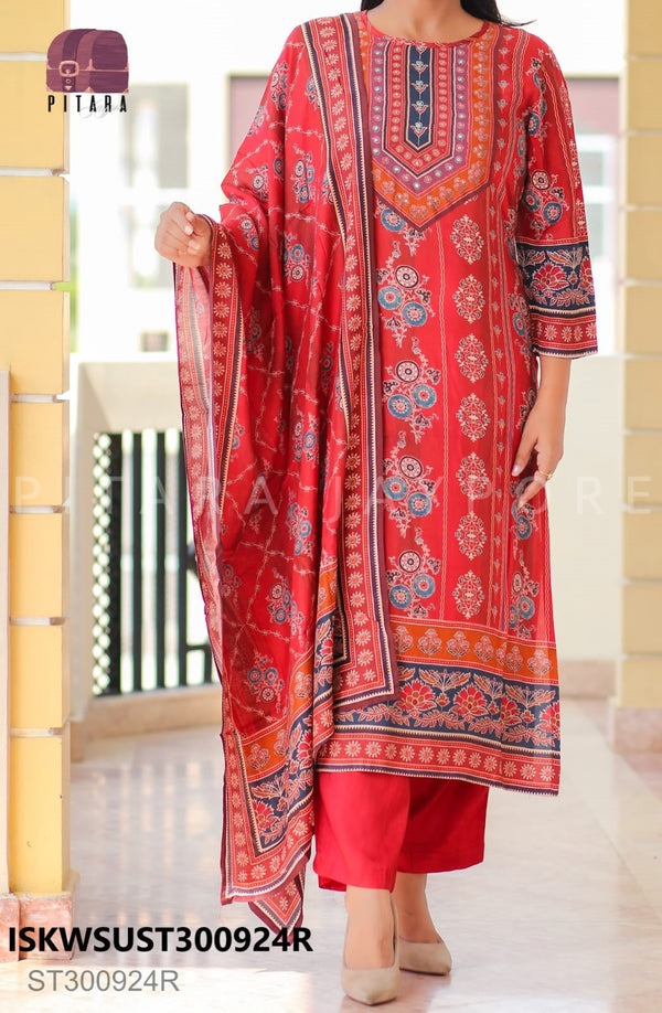 Authentic Ajrakh Printed Maslin Kurti With Silk Pant And Dupatta-ISKWSUST300924R