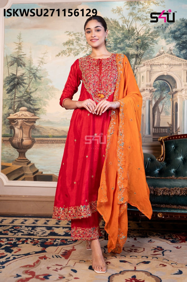 Embroidered Silk Anarkali Kurti With Pant And Dupatta-ISKWSU281156129