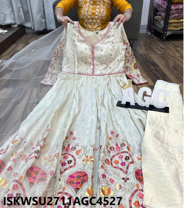 Embroidered Tissue Silk Front Slit Kurti With Tissue Pant And Organza Dupatta-ISKWSU2711AGC4527