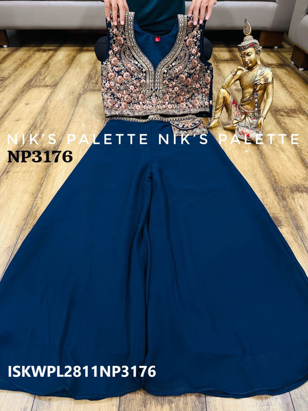 Embroidered Georgette Palazzo With Crop Top And Dupatta-ISKWPL2811NP3177/NP3176