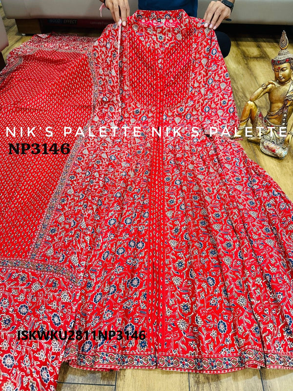 Kalamkari Block Printed Cotton Front Slit Anarkali Kurti With Dupatta-ISKWKU2811NP3146/NP3146