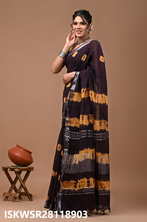 Hand Block Printed Linen Saree With Blouse-ISKWSR28118903